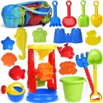 sand toys to take to the beach including shovels, sand molds and buckets