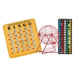 Yellow bingo card, cage for rolling and distributing bingo numbers, tray that holds colored bingo balls