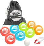 black carrying bag, 8 bocce balls in red, blue, green and orange, white marking ball and materials to create boundries