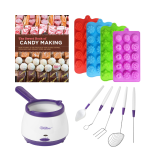 The book The Sweet Book of Candy Making has a variety of candy types on the cover; 4 silicone candy molds that are red, blue, green and pink; a white and purple melting pot and tools used for dipping candy into the pot
