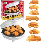 White waffle iron that makes waffles in the shape of cars and trucks. The waffle iron's box is shown and 7 waffles in the shape of cars and trucks