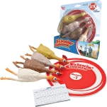 Chicken Toss game package, 4 rubber chickens lying on a red and white target with a score pad also nearby