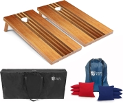 2 wooden cornhole boards with carrying bag for beanbags and a carrying case for the boards