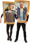 Man and woman dressed in costume as the people from the American Gothic painting. Their faces stick out taking the place as the faces in the painting