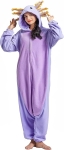 Woman dressed in a purple onesie/costume. The purple hood has eyes and 6 ear-like pieces sticking out
