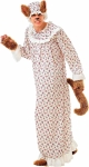 Man dressed up as the big bad wolf. He is wearing a nightgown and bed cap with furry ears coming out of it. His hands and feet are furry and a tail is coming out the back of the nightgown