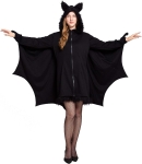 Woman dressed in a black bat costume. Her arms are extended to show off the bat wings and she has a hood on that has bat ears.