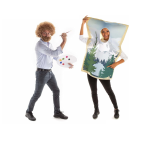 Man dressed as painter Bob Ross. He has a curly wig and beard and is holding a paintbrush and paint palette. He is pretending to paint a nature scene of trees and water on a costume that is worn by a woman