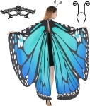 The back of a woman wearing butterfly wings as a costume. The wings are whie, black and shades of blue and green. She is wearing a headband with antennae.
