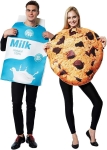 Man dressed as a carton of milk and woman with a chocolate chip cookie costume on