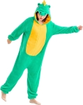 Woman wearing a green and yellow dinosaur onesie