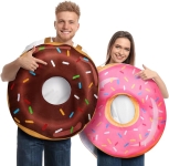 Man in a donut costume that has chocolate frosting and multicolored sprinkles; woman is wearing a donut costume with pink frosting and multicolored sprinkles