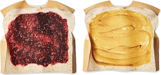 2 Halloween costumes. One is a slice of bread with grape jelly on it; the other is a slice of bread with peanut butter