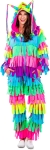 Woman wearing a multi-colored pinata costume. The costume has layers of fringe to look like a pinata. The hood of the costume has horns