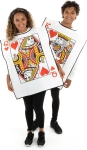 Woman wearing a queen of hearts pull-over costume; the man is wearing a king of hearts costume