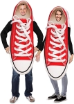 Man and woman wearing red sneaker costumes.