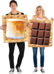 Man wearing a graham cracker costume with a toasted marshmallow on it; the woman has a graham cracker costume with 9 squares of chocolate on it