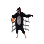 Woman wearing a spider onesie costume. 3 legs stick out on each side of the costume and are attached to the wearer's arms by string