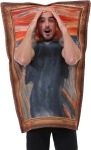Man dressed in costume as The Scream painting. His face sticks out taking the place as the face in the painting