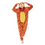 Woman wearing an orange, yellow and black onesie Tigger Costume. The hood of the costume has Tigger's face on it