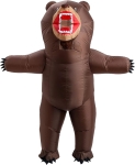 Brown inflatable bear costume with red mouth showing white teeth