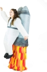 Woman wearing jet pack costume. The costume fits so it appears as if she is suspended in air with rockets and flames on her back