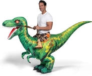 Man wearing an inflatable raptor costume. The costume makes the man appear as if he is perched on top of the raptor holding reins