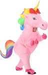 Man wearing pink inflatable unicorn costume. The unicorn's mane and tail are rainbow colored; its horn is bright yellow