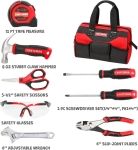 Tool bag with tape measure, hammer, scissors, safety glasses, wrench, pliers and screwdrivers