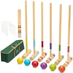 Croquet set consisting of wickets, 2 ending stakes, 6 mallets of various colors with matching croquet balls and green carrying case.