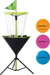 a green and black disc golf target with 3 discs-orange, pink and blue