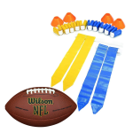 Wilson NFL football, flag football belts with sets of yellow flags and blue flags, 4 orange goal line cones