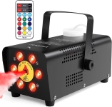 1 black fog machine-the handle is extended for carrying and red fog is coming out of it. An image of a remote control is also in the picture.