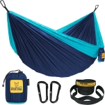 Blue hammock, carrying bag, 2 carabiners and straps for attaching hammock to tree