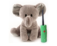 a gray plush elephant and a green and black wand