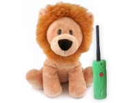 a tan plush lion with an orange mane and a green and black wand