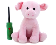 a pink plush pig and green and black wand