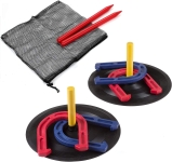 2 black circular targets with a yellow peg. Each target has a red and blue horseshoe on the peg. A mesh carrying case and 2 red plastic stakes are also shown