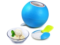 open blue ice cream ball next to a dish of ice cream and the lid to the ice cream ball