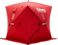 red pop-up ice fishing shanty