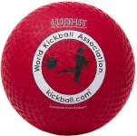 red rubber playground ball with the words "World Kickball Association" and "kickball.com"