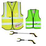 Neon yellow and neon green safety vest with a small and large grabber tool