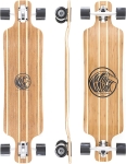 a top, side and bottom view of a longboard made from Canadian maple and bamboo