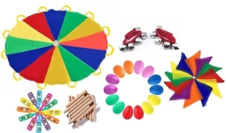 multi-colored parachute, 2 red jingle bells, multi-colored scarves, multi-colored egg shakers, wooden rhythm sticks and multi-colored handheld cymbals