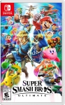 Shows the cover of the Nintendo Switch game "Super Smash Bros Ultimate" there is a red box in the upper left corner with a set of Nintendo joy-cons and there are many illustrations of Smash Bros