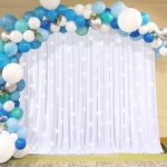shimmery white backdrop used for pictures. A balloon arch of blue, green, white and silver balloons covers two sides of the backdrop