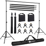photo stand materials-frame, 4 telescoping poles, 2 weighted bags, 6 clamps, 2 tripod stands and a carrying bag 