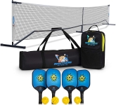 pickleball net, 2 black carrying bags, 4 blue and yellow pickleball paddles and 4 yellow pickleballs