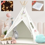 white canvas child's play tipi tent is sitting in the middle of a child's playroom. 2 stuffed rabbits, a stuffed giraffe and a puffy cloud are inside and just outside the tent. A small wooden truck with circular wooden rings on it's truck bed is in front of the tent