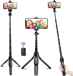 2 selfie sticks on tripods and 1 selfie stick being held and extended. All have picture of 4 children smiling for camera